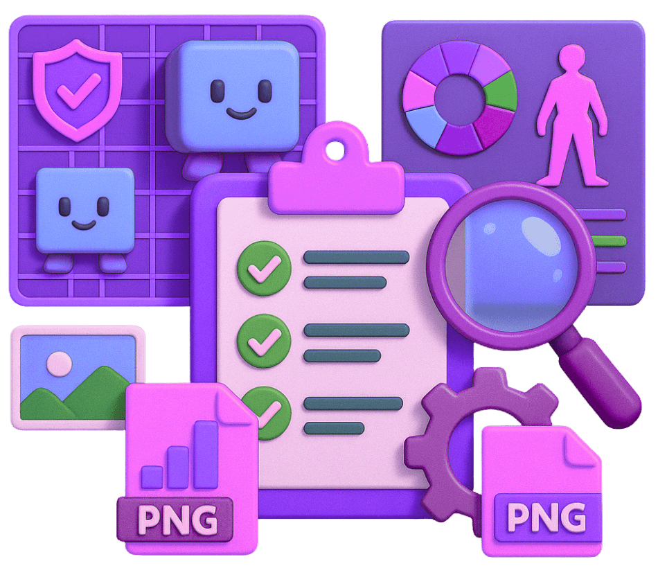2D Game Art Services 28 2D game art quality assurance and optimization process with checklist, magnifying glass, testing tools, and PNG asset management