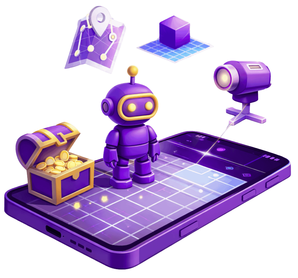 Augmented reality markerless tracking with purple robot, treasure chest, camera, map, and 3D objects on smartphone showing spatial AR without markers
