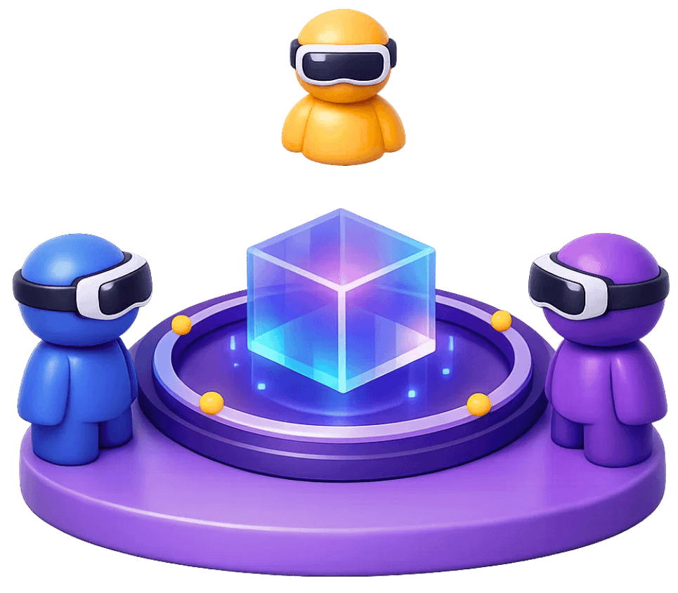 MR users with VR headsets collaborating around shared holographic object