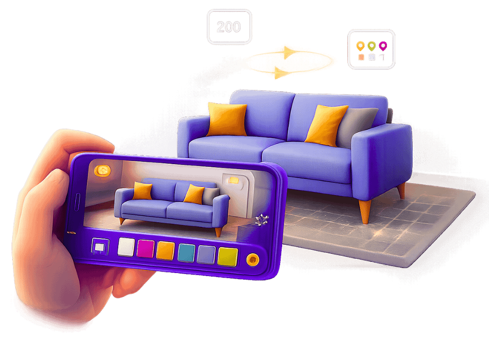 Augmented reality product visualization with smartphone showing blue sofa furniture placement and color customization for retail AR experiences