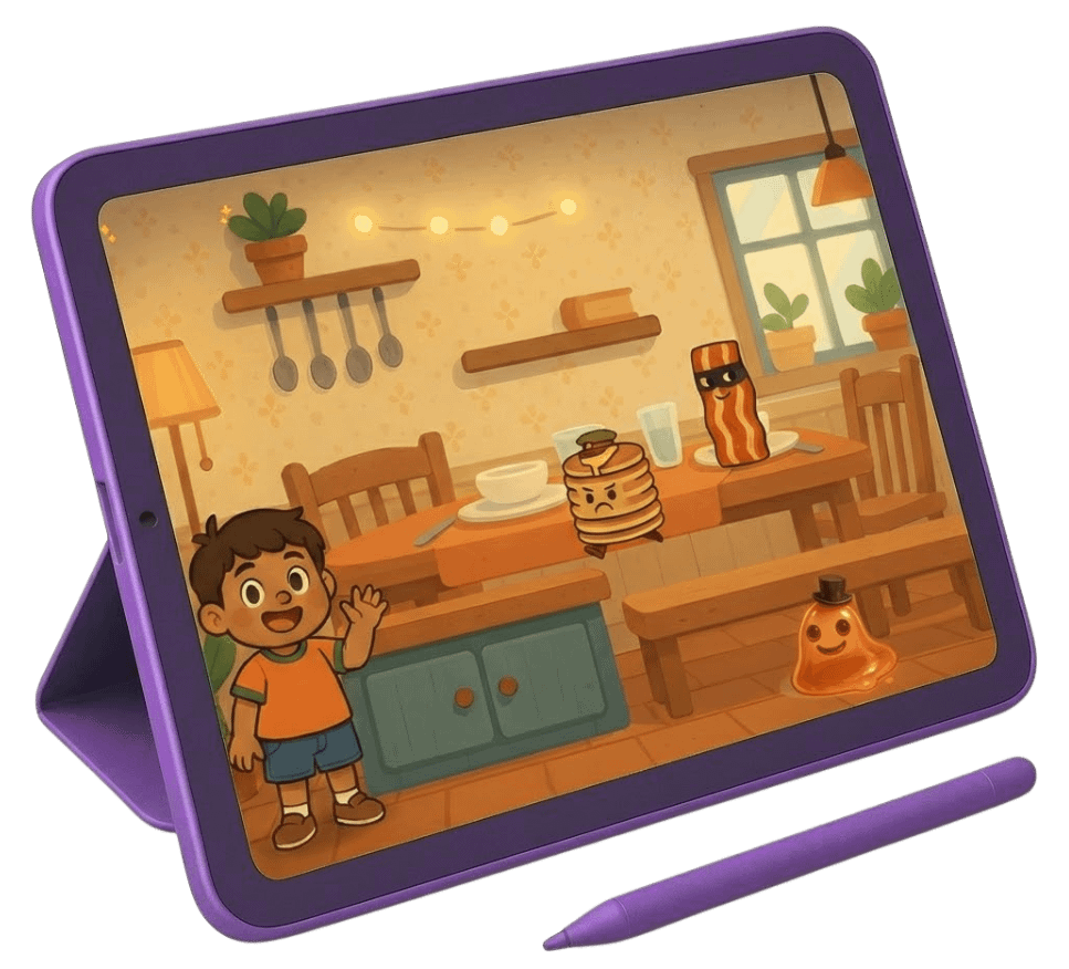 Tablet showing 2D game world design with a child in a kitchen along with good foods and bad foods