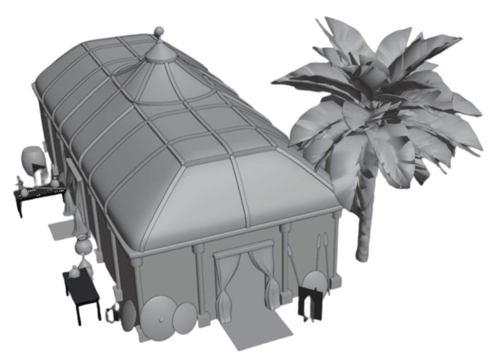 3D game world concept development with grayscale building model, palm tree, and architectural wireframe for environment design planning