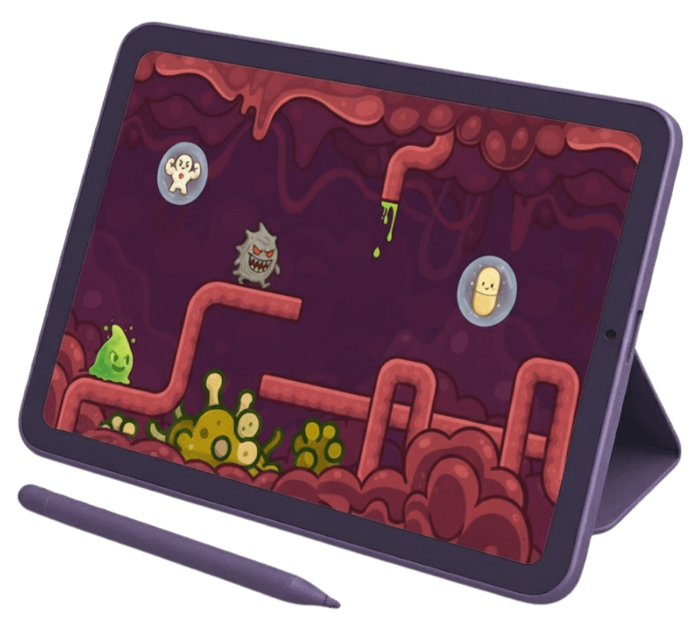 Tablet showing a 2D game world image of a human digestive tract for educational purposes