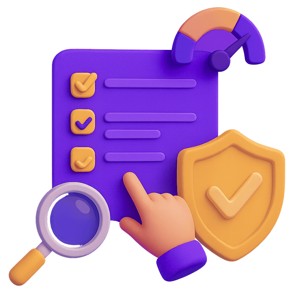 Quality assurance checklist with magnifying glass and security shield for augmented reality testing and refinement