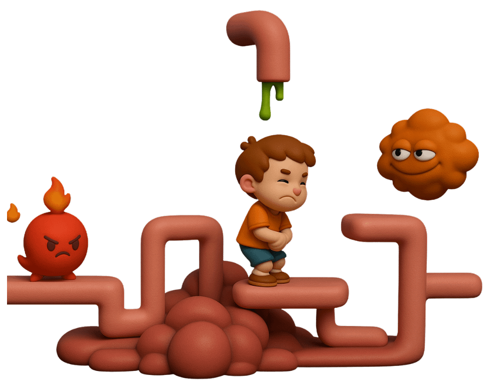 Game world level design showing a child in a human digestive tract with other characters