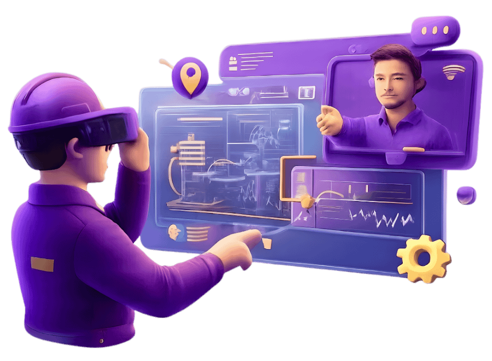 Field technician using augmented reality headset receiving remote guidance from expert through digital interface displaying technical data and schematics