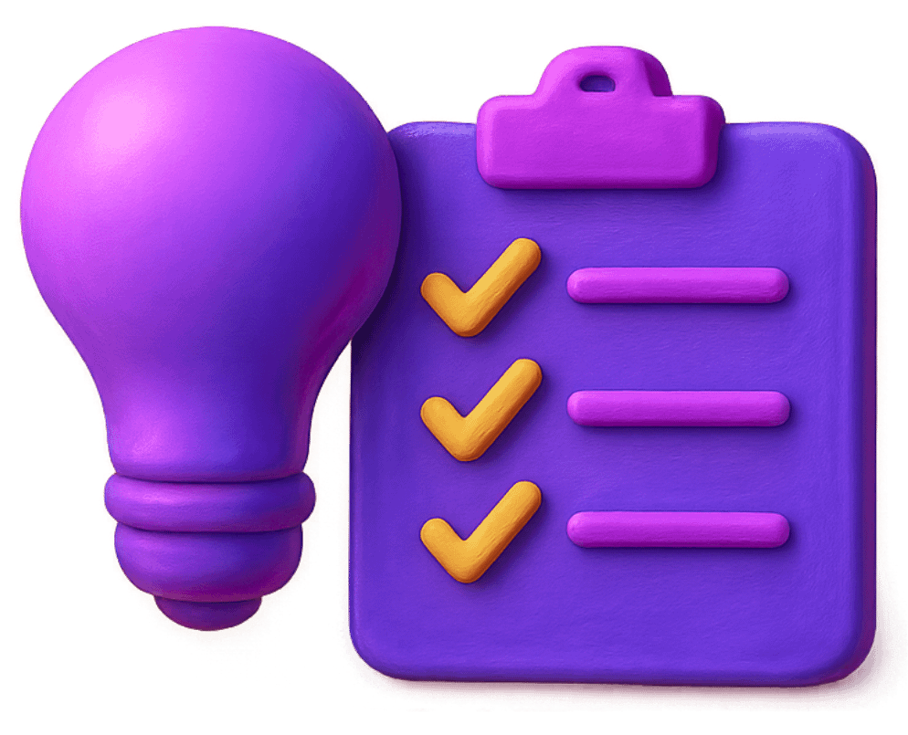 Lightbulb and clipboard with checklist representing augmented reality project discovery and feasibility analysis phase