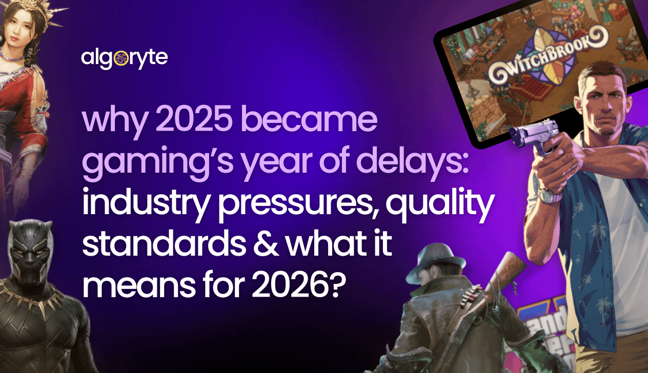 Grand Theft Auto VI and gaming industry delays in 2025 with game characters and tablet showing Witchbrook game discussing quality standards and 2026 outlook