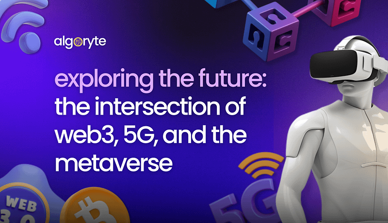 Robot wearing VR headset with Web3 blockchain and 5G symbols representing the future intersection of metaverse technologies