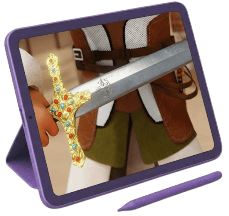 3D animation refinement polish showing augmented reality sword overlay on tablet