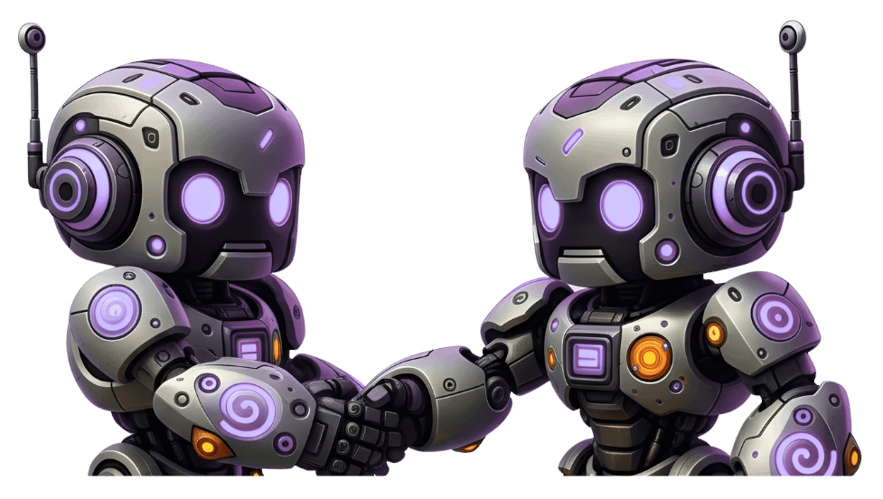 Two stylized robot game characters with rounded designs, purple lights, and white armor in 3D render