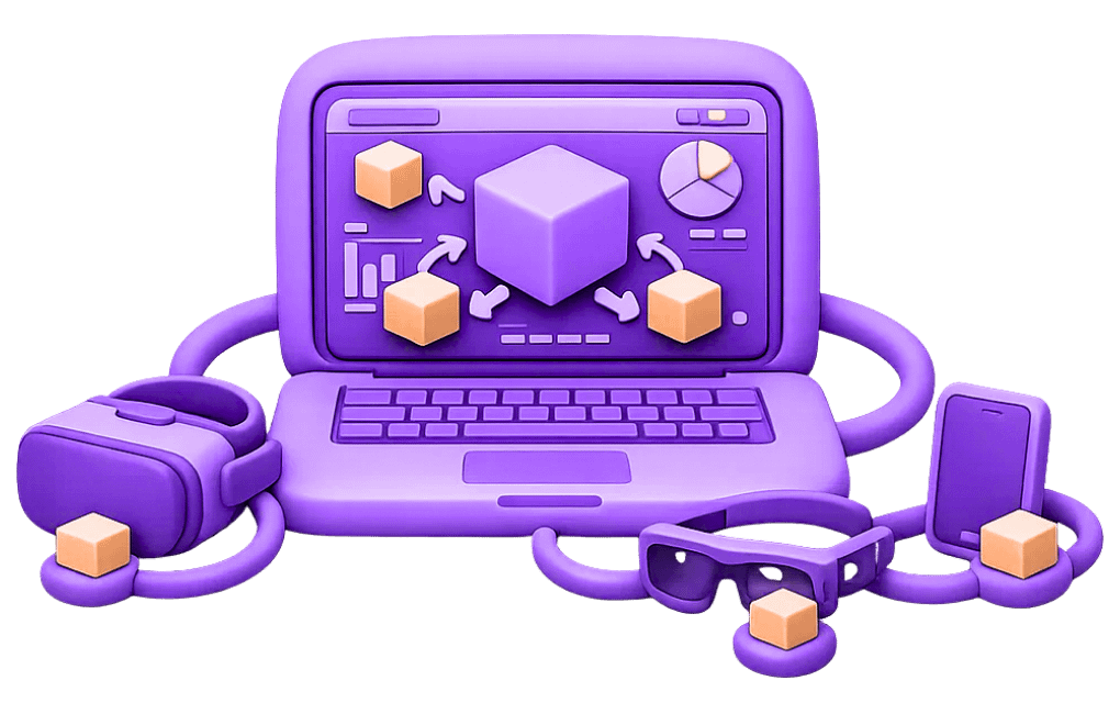 Laptop displaying extended reality content management with VR headset, AR glasses, and 3D assets