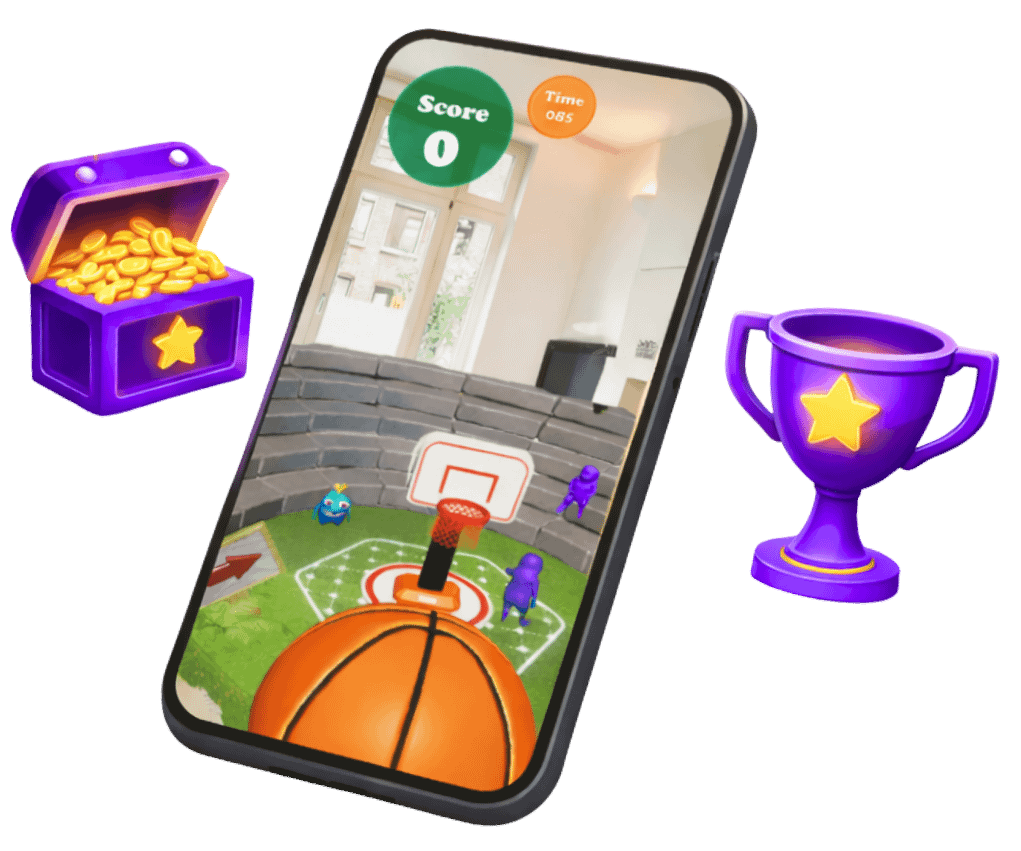Mobile phone displaying augmented reality basketball game overlaid on living room environment with score tracking, treasure chest rewards, and trophy achievements