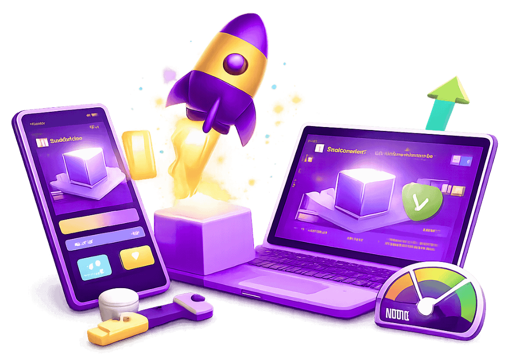 Cross-platform augmented reality development showing mobile and laptop devices with 3D content rendering, rocket animation, and performance monitoring dashboard