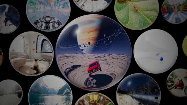 Genie AI by Google showcasing multiple generated 3D environments including space scene with car, kitchen interior, mountain landscapes, and nature settings