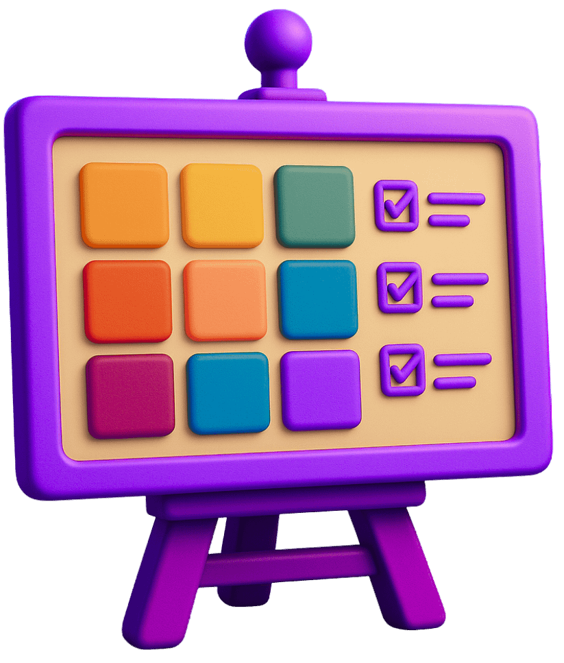 2D games art style guide and finalization with color palette swatches, checkboxes, and easel board showing approved visual guidelines for game development