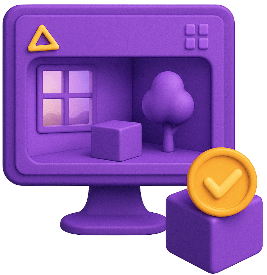 Virtual reality 3D environment production on monitor with checkmark