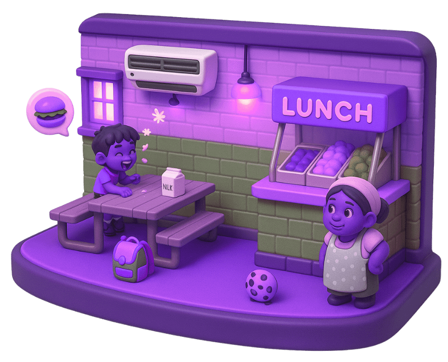 2D game art environment scene showing school canteen with lunch counter, characters, tables, and detailed interior design for educational games