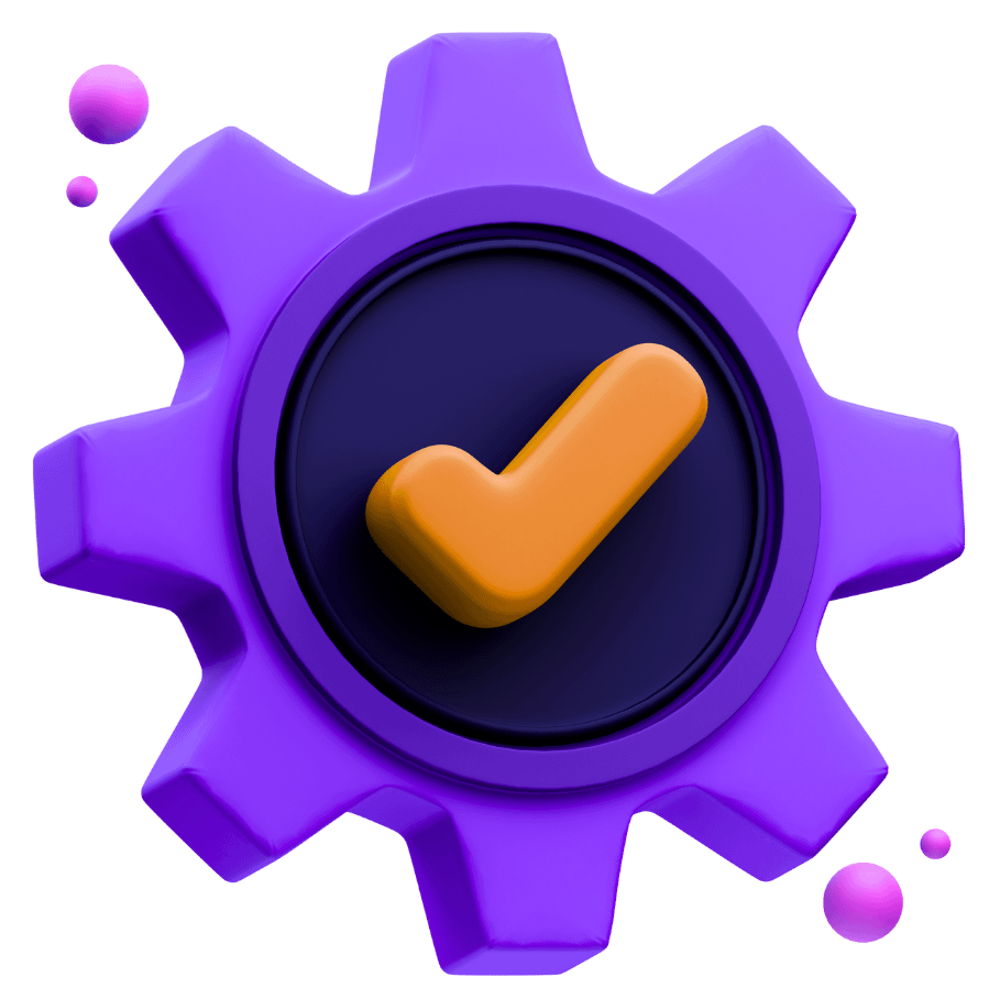 Purple gear icon with orange checkmark representing augmented reality deployment and technical support services