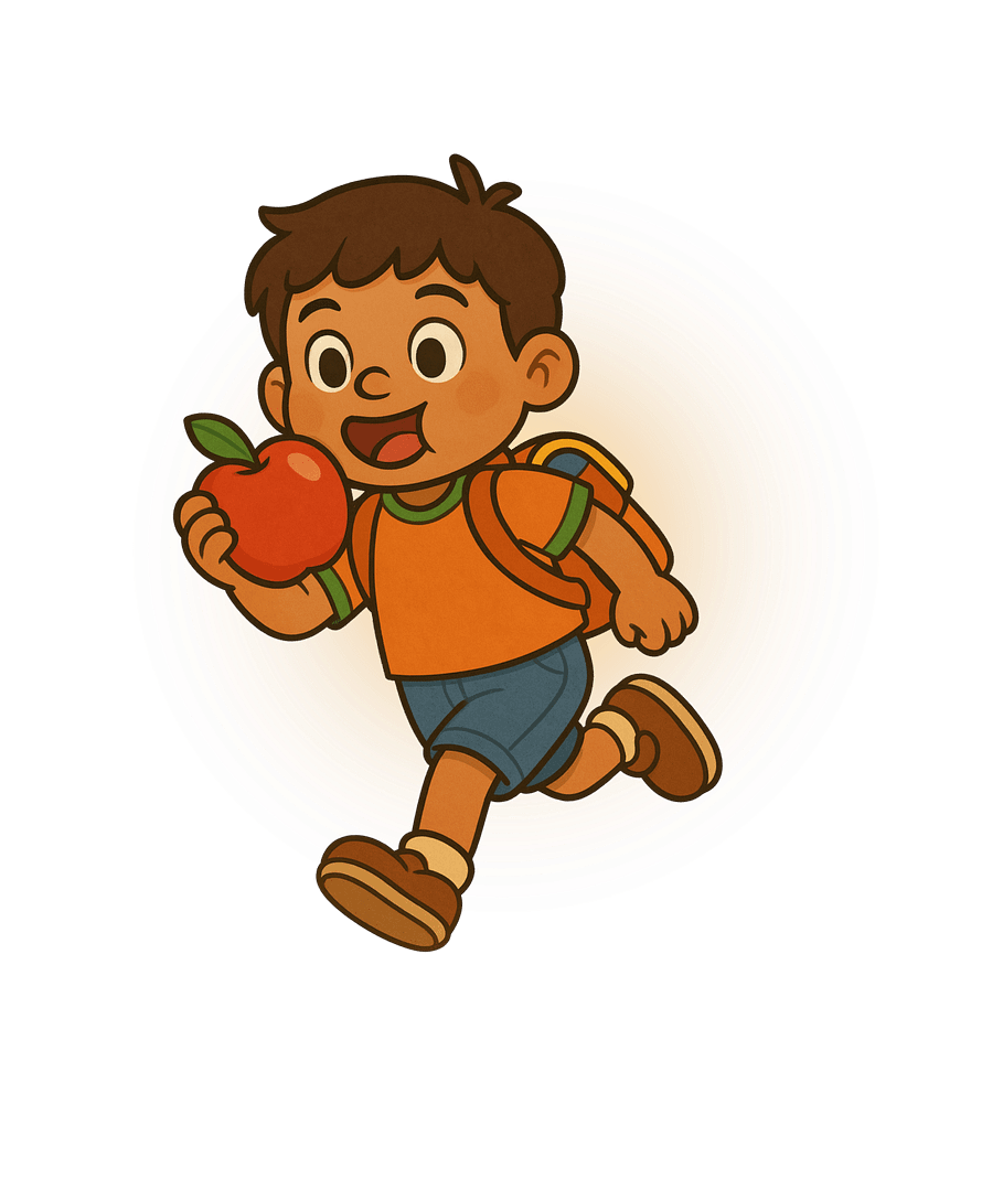 Bladder Defender educational game hero image featuring a kid eating an apple
