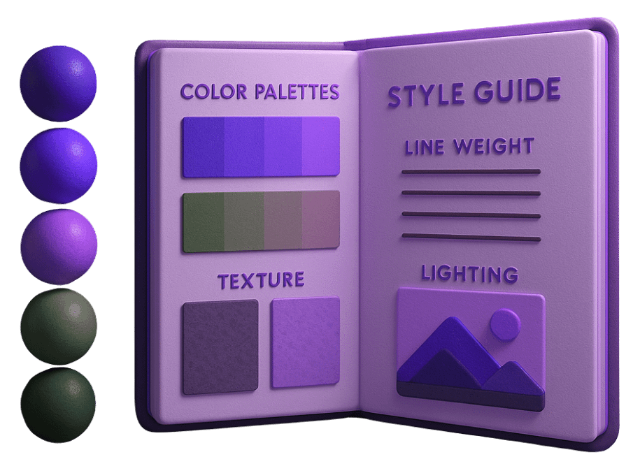 Concept art visual identity style guide showing color palettes, textures, line weights, and lighting examples
