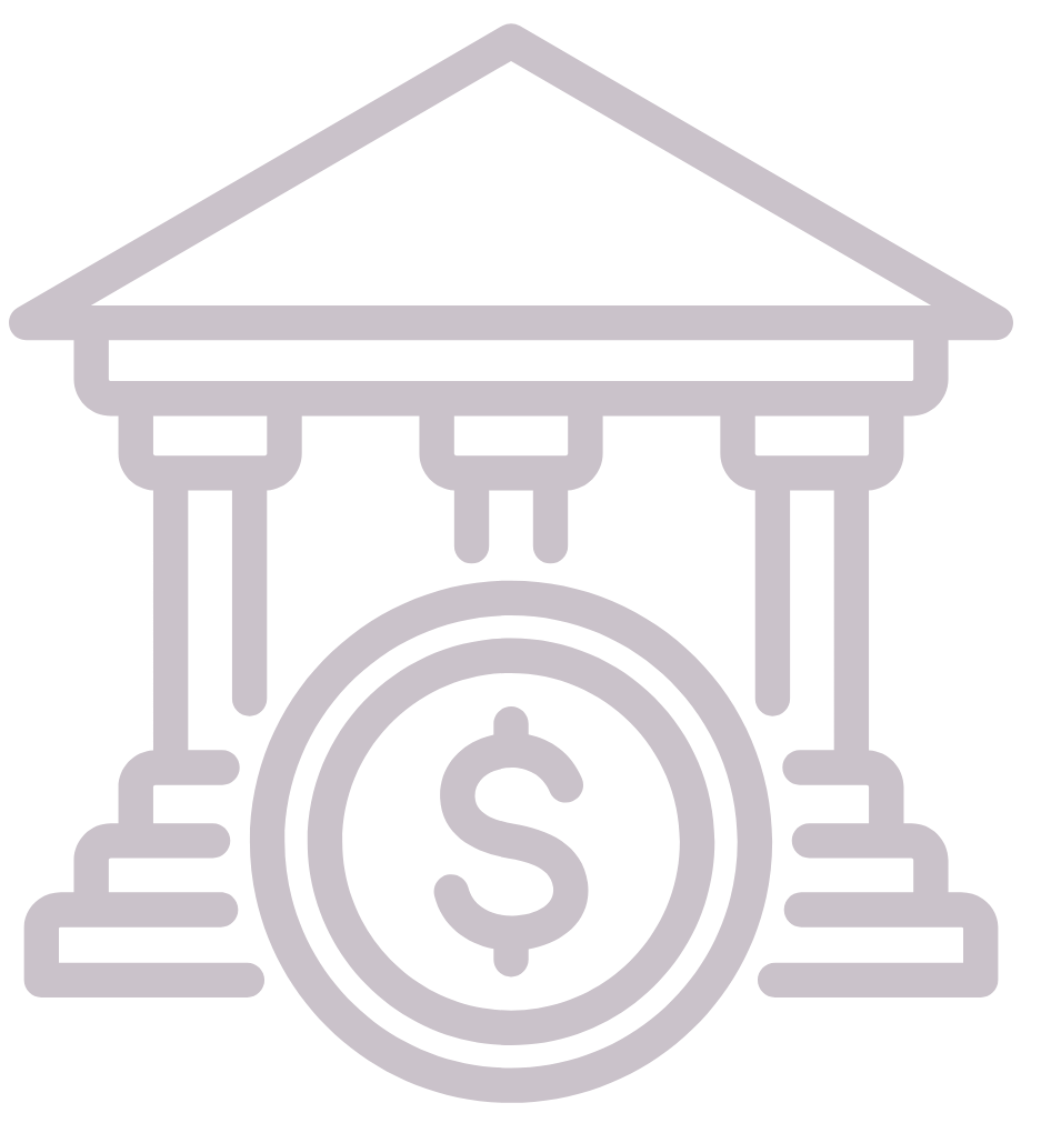 Financial services and banking industry icon with bank building and dollar coin