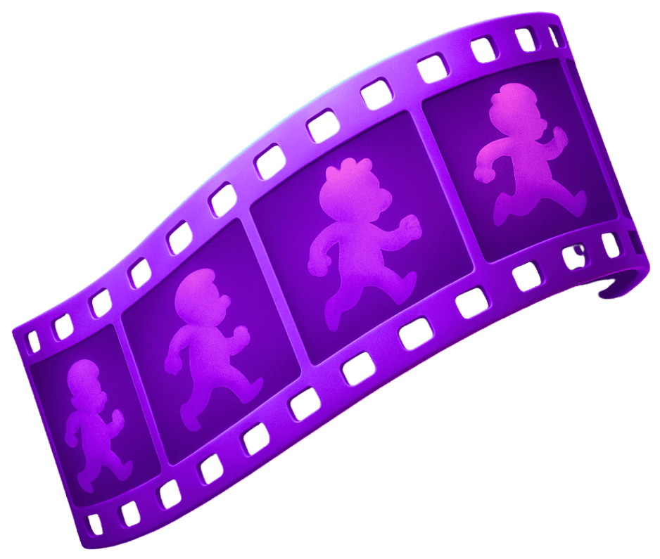2D game art character sprite sheet with animation frames showing running cycle sequence on purple film strip for game animation