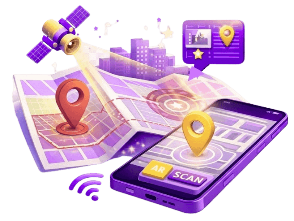 Augmented reality location-based AR with smartphone GPS navigation showing city map, satellite tracking, and location pins for spatial experiences