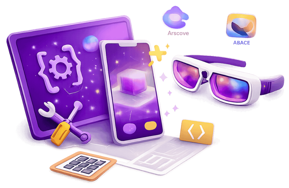 Augmented reality app development with tablet, smartphone, AR glasses, development tools, and platform icons including ARCore and ABACE for custom AR solutions