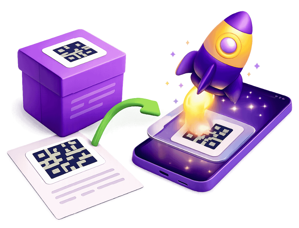 Augmented reality marker-based tracking with QR codes on paper and smartphone launching purple rocket from scanned marker for interactive AR experiences
