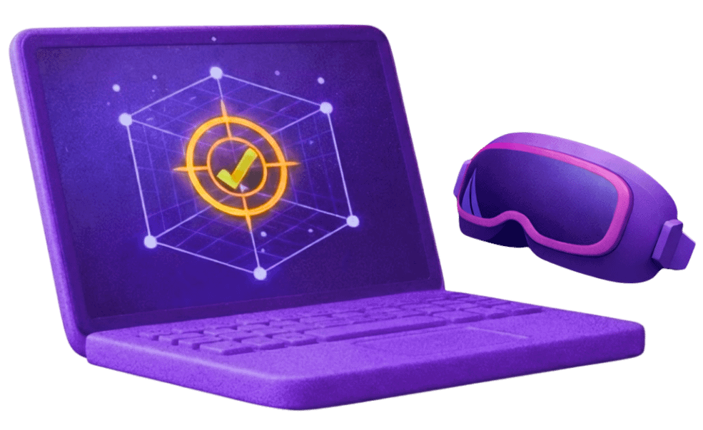 Laptop displaying 3D wireframe geometry with VR headset for augmented reality prototype development