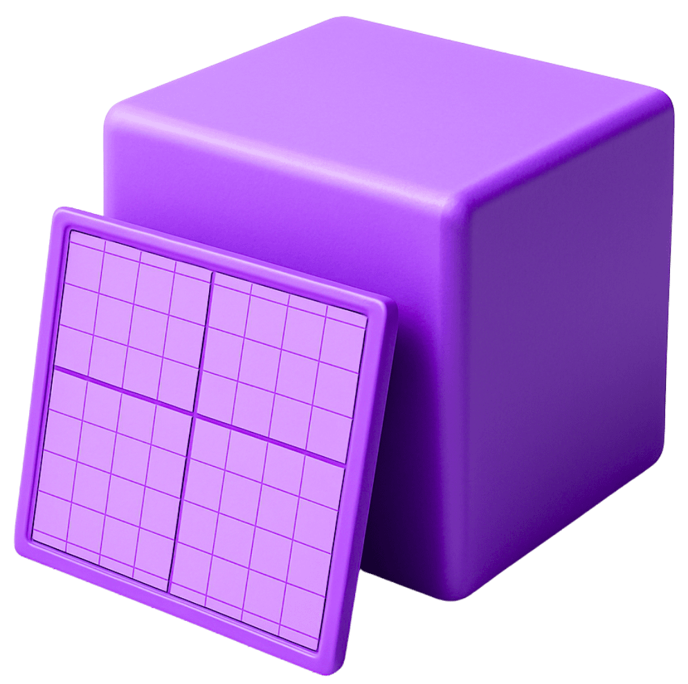 3D game art modeling and UV mapping with purple cube showing grid layout and unwrapped texture coordinates for game assets