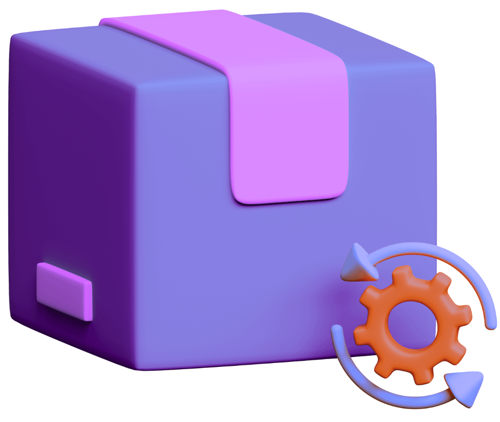 Game characters final review and delivery with purple package box and orange settings gear with circular arrows