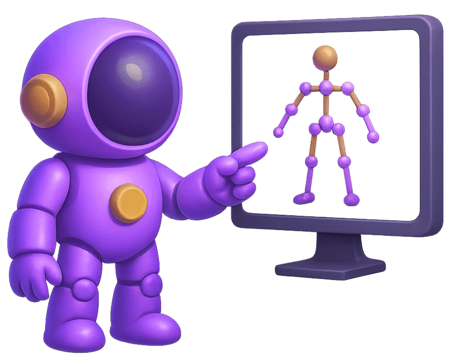 3D animation character rigging with robot and skeletal structure on monitor