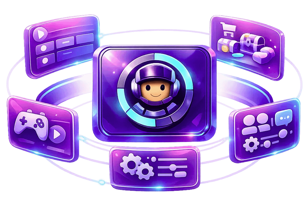 3D character avatar at the center of a circular UI/UX hub connected to floating panels representing game menus, shop, social features, and settings