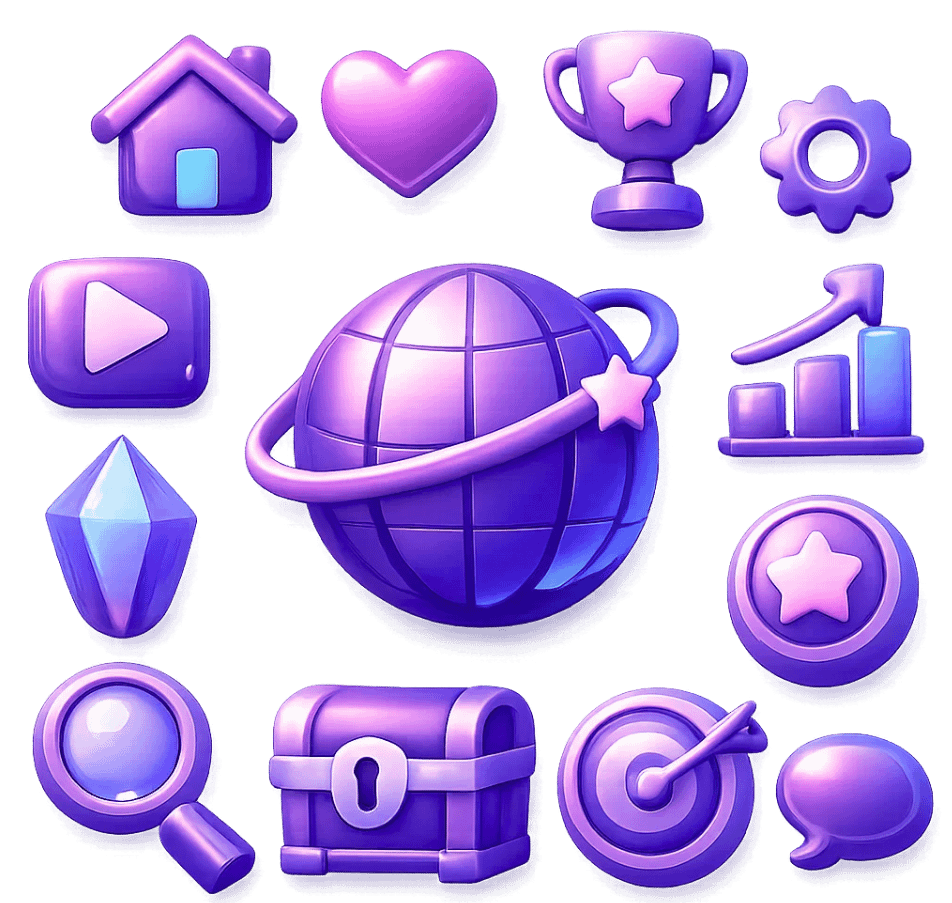 Collection of 3D purple game UI/UX icons including home, heart, trophy, settings gear, play button, globe, crystal, magnifier, treasure chest, target, and chat bubble