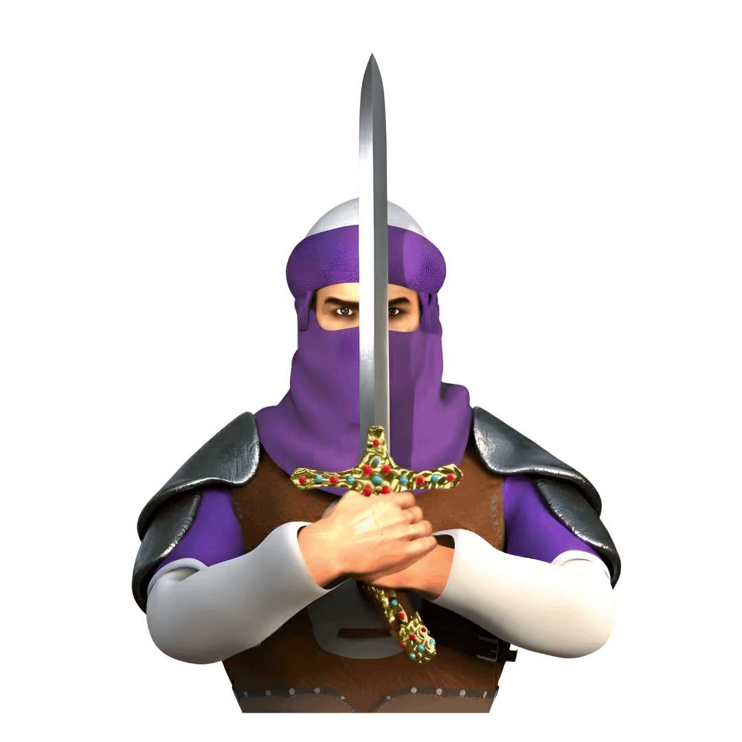 Game art services showing an Arabian game character with his face covered, shielded with armor and a sword