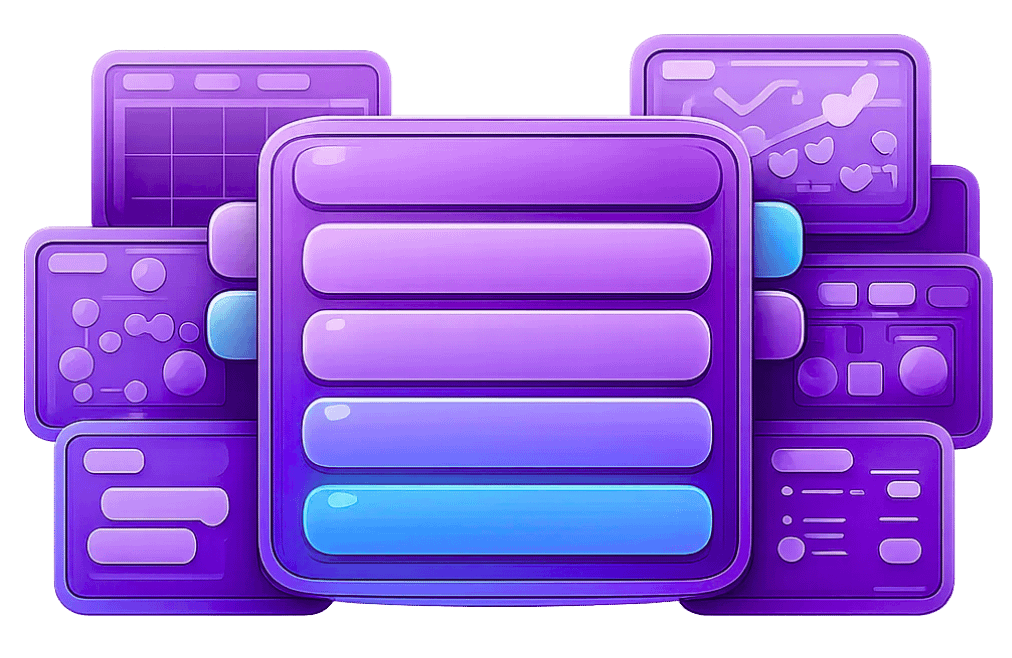 Layered 3D purple UI panels illustrating game menu systems and navigation layouts with buttons, grids, and interface components
