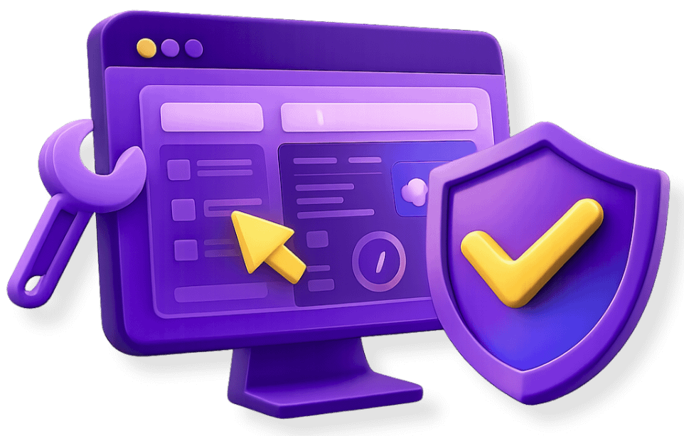 3D purple desktop monitor with a cursor, wrench tool, and quality assurance shield with a checkmark representing UI/UX implementation and QA