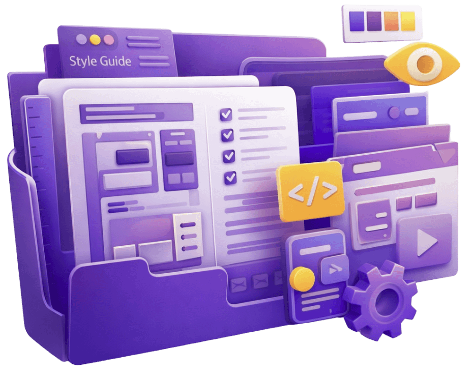 3D purple folder containing a style guide, UI layout sheets, code tag icon, gear, color swatches, and an eye icon representing UI/UX asset production and technical specs