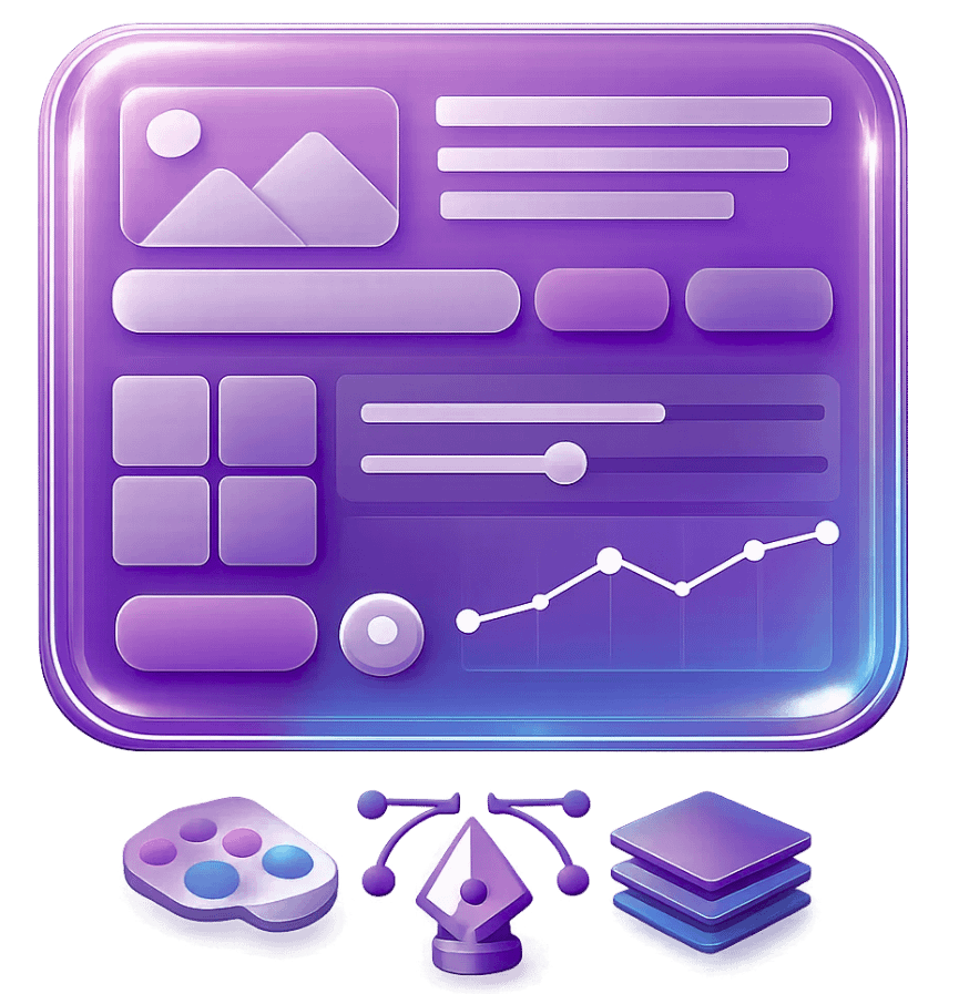 3D purple UI design dashboard displaying a visual identity system with wireframe layout, color palette, vector pen tool, and layer stack icons