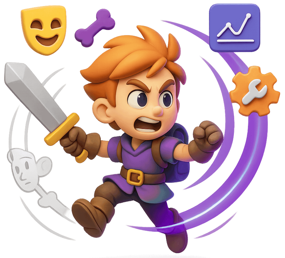 3D animation standalone services showcasing animated game character with action icons