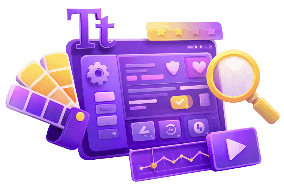 3D UI/UX design dashboard with typography, color swatches, star ratings, magnifier, and interaction controls for visual refinement