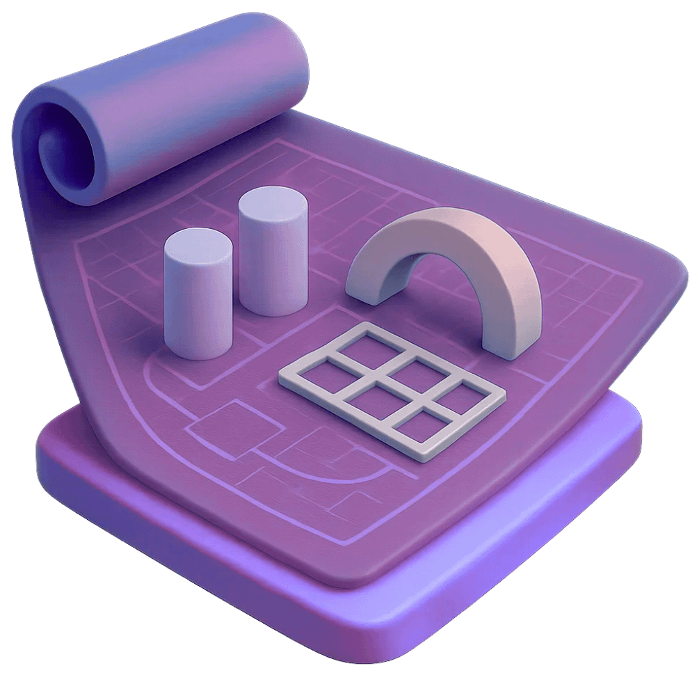 XR architecture blueprint with 3D structural elements and grid layout