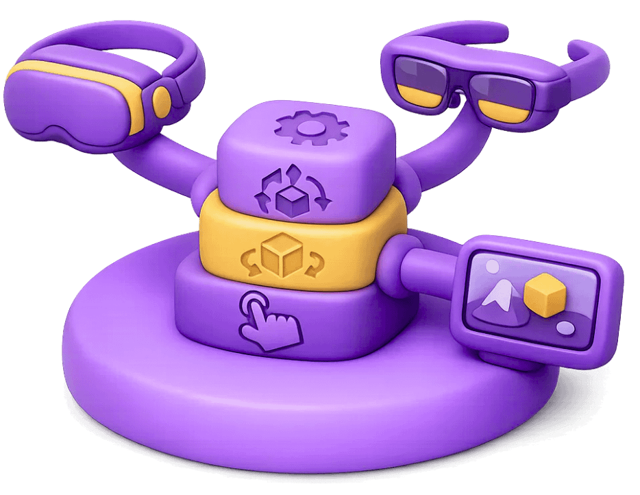 Layered extended reality platform architecture with VR headset, AR glasses, and development layers