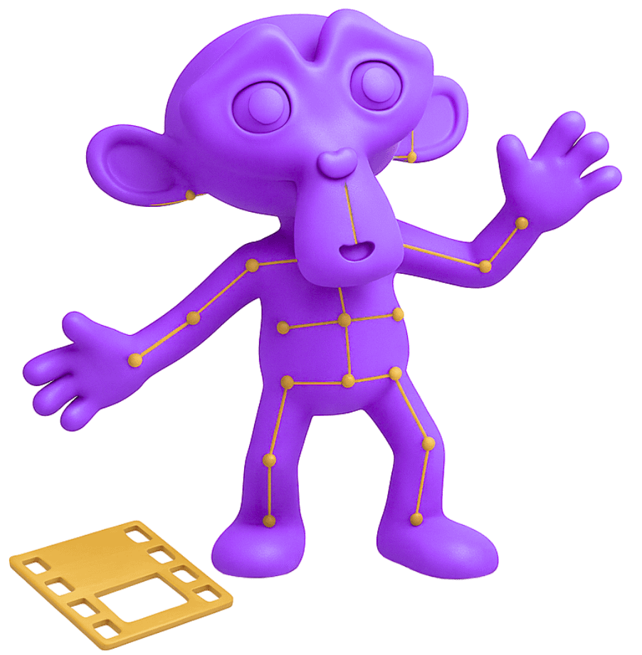 3D game characters rigging and animation setup with purple character model showing skeleton bones and joint structure with film icon