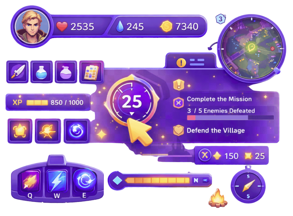 Purple game HUD showcasing UI/UX in-game interface systems including health bar, XP meter, minimap, skill buttons, objective tracker, and compass